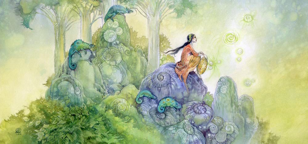 A whimsical watercolor scene depicts a figure sitting on colorful rocks amidst lush greenery and ethereal trees, surrounded by glowing orbs in a dreamlike atmosphere.