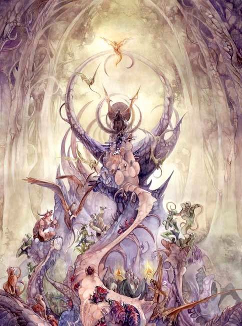 A vibrant watercolor illustration depicting a fantastical scene with intricate figures, mythical creatures, and ethereal architecture, all immersed in a dreamlike ambiance.