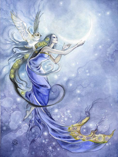 A graceful figure in a flowing blue gown reaches for the moon, accompanied by an owl. This enchanting scene is beautifully rendered in soft watercolor hues.