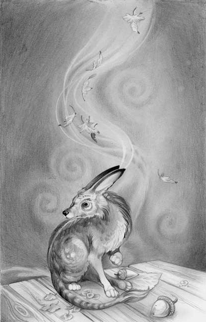 Artistic charcoal and pencil drawing of a fox sitting on a wooden surface, surrounded by swirling leaves and acorns in a whimsical, spiraling background.