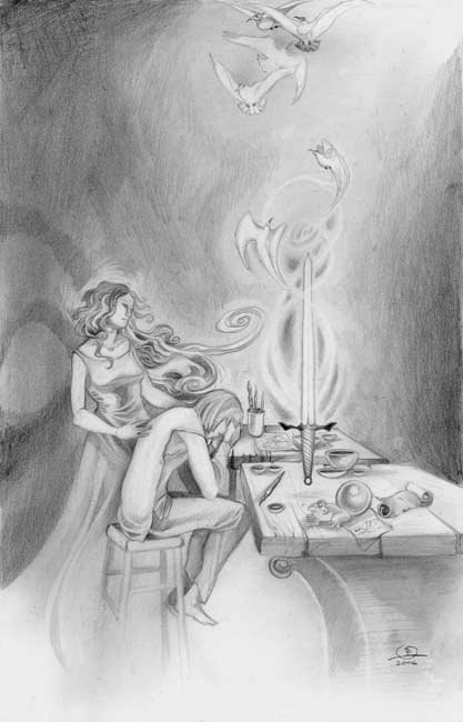 Artistic pencils and charcoal drawing of a seated artist creating a magical, swirling light form with birds above, blending fantasy and creativity in a softly shaded room.