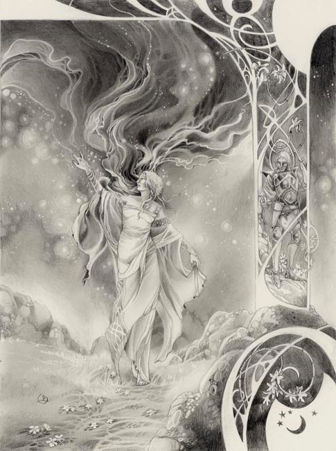 Artistic pencils and charcoal drawing of a flowing robed figure with swirling hair, surrounded by mystical patterns and a knight standing in an arched doorway.