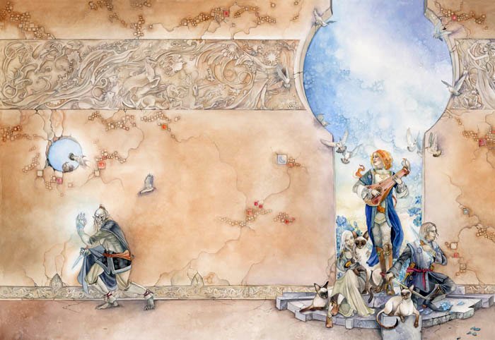 A serene watercolor scene featuring a blue rose, showcasing a lively gathering with musicians and thoughtful figures against an ornate backdrop.