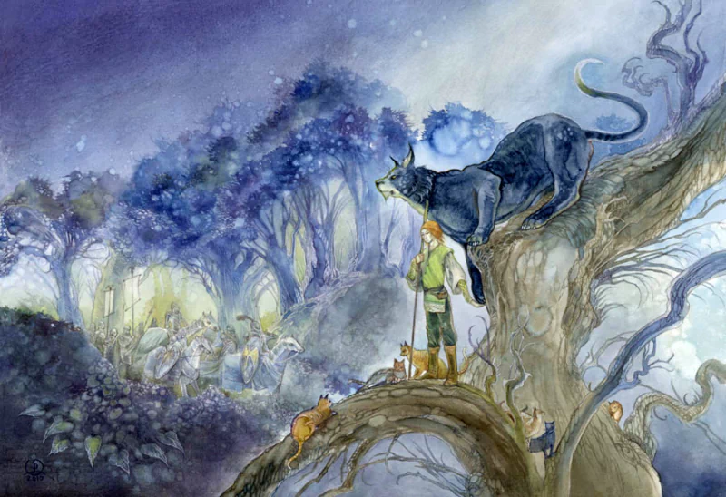 A whimsical watercolor scene featuring a large cat on a tree branch beside a figure holding a staff, surrounded by a mystical forest and other small cats in the foreground.