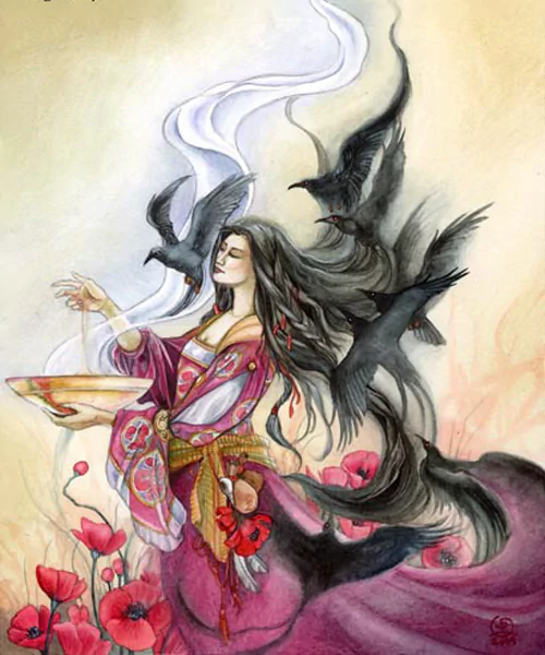 A watercolor painting of a serene woman in a flowing robe, surrounded by swirling smoke and crows, with vibrant poppies blooming at her feet.
