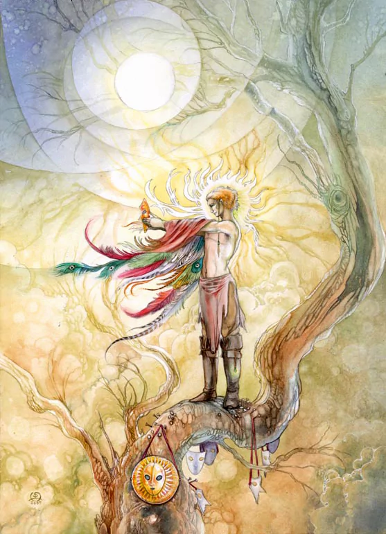 A mystical figure stands on a twisted tree, adorned with vibrant feathers and a flowing cape, surrounded by ethereal swirls and a glowing sun in this captivating watercolor artwork.