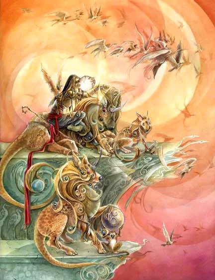 A vibrant watercolor artwork depicts a fantastical scene with a figure riding ornate creatures amidst a dreamy sunset, complemented by flying birds in a whimsical setting.