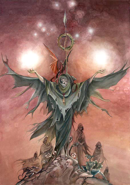 A mystical figure in flowing robes raises glowing orbs, surrounded by somber figures, in this captivating watercolor artwork, blending emotion and fantasy.