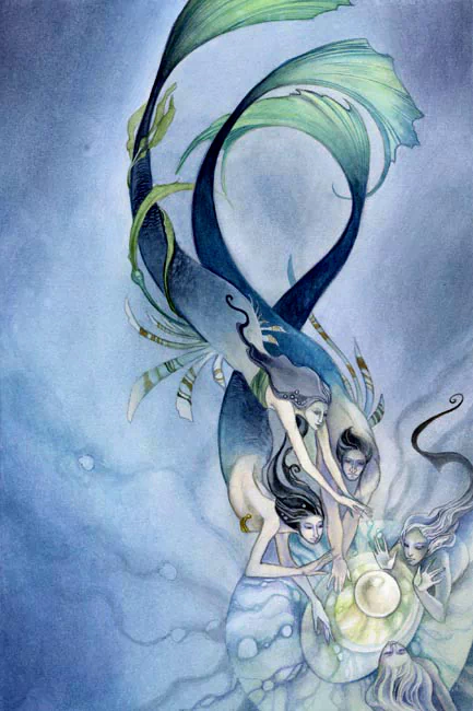 A watercolor artwork depicting a serene underwater scene with mermen and mermaids, gracefully interacting around a glowing orb, surrounded by flowing aquatic plants.