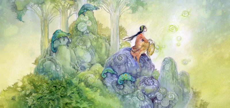 A whimsical watercolor scene depicts a figure sitting on colorful rocks amidst lush greenery and ethereal trees, surrounded by glowing orbs in a dreamlike atmosphere.