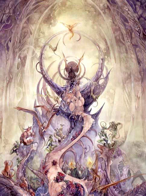 A vibrant watercolor illustration depicting a fantastical scene with intricate figures, mythical creatures, and ethereal architecture, all immersed in a dreamlike ambiance.