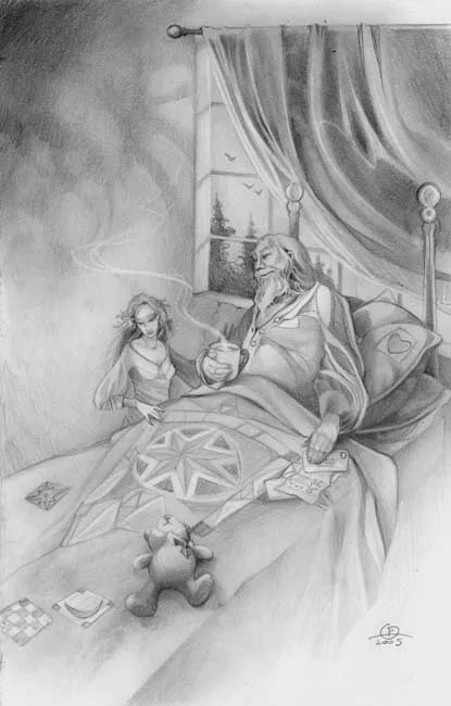 Artistic pencil and charcoal drawing of an elderly man resting in bed with a small girl by his side, surrounded by cards, a teddy bear, and a window showing birds in the distance.