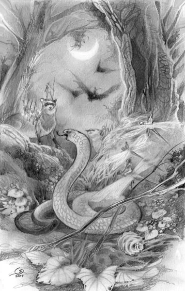 A detailed artistic rendering featuring a snake amidst a lush, shaded environment, created with pencils and charcoal, showcasing intricate textures and shading.