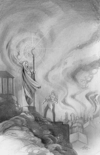 Artistic pencil and charcoal drawing depicting a cloaked figure holding a glowing staff atop rocky terrain, with another person below and swirling smoky skies over a cityscape.