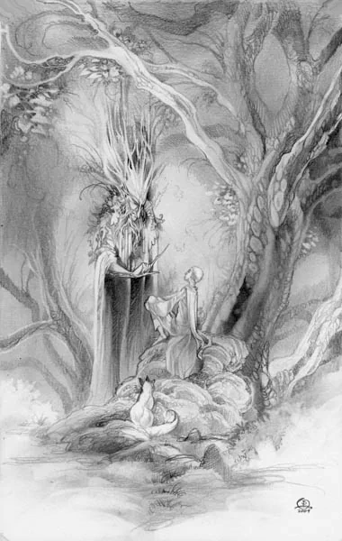 Artistic pencil and charcoal drawing depicting a mystical forest scene with a regal figure and a seated woman surrounded by twisted trees and ethereal light.