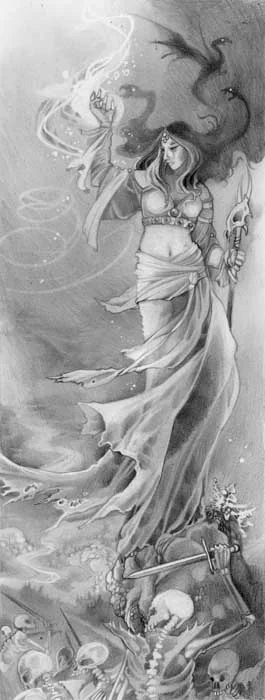 Artistic pencil and charcoal drawing of a mystical woman wielding a staff, casting magic above a scene of skeletons and skulls beneath flowing fabric and swirling smoke.