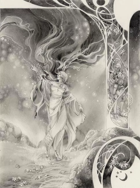 Artistic pencils and charcoal drawing of a flowing robed figure with swirling hair, surrounded by mystical patterns and a knight standing in an arched doorway.