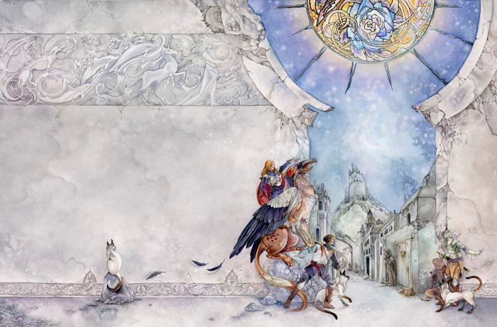 A whimsical watercolor scene featuring a fantastical creature and two figures exploring a whimsical, ethereal cityscape under a radiant stained glass window.