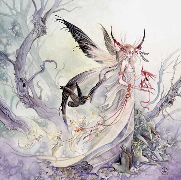 A mesmerizing watercolor artwork depicting a ethereal figure with wings, surrounded by mystical creatures and an enchanted forest, blending fantasy with delicate artistry.