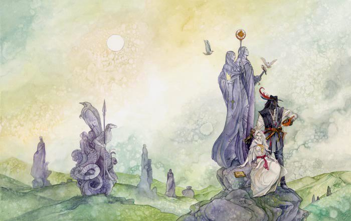 A whimsical watercolor scene depicting a mystical landscape with two figures, one in regal attire, amid stylized stone formations under a soft sky.