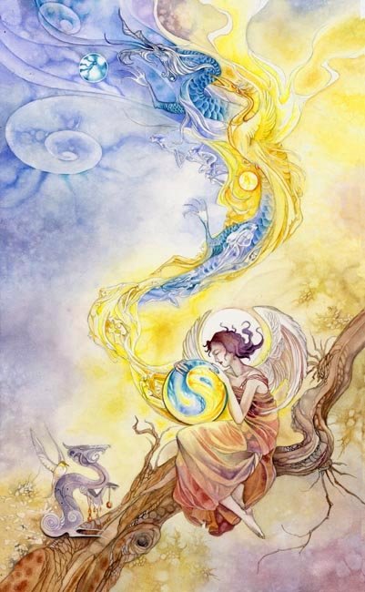 A serene angelic figure sits on a branch, surrounded by swirling watercolor elements and tarot symbols, embodying a mystical and artistic atmosphere.