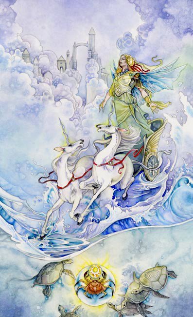 A watercolor depiction of a mystical scene featuring a figure with flowing hair riding in a chariot pulled by unicorns, surrounded by ocean waves and turtles, embodying tarot imagery.
