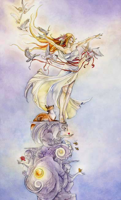 A graceful figure in flowing white robes stands on a pedestal, surrounded by doves and a cat, depicted in a dreamy watercolor style that evokes a sense of mystical tarot artistry.