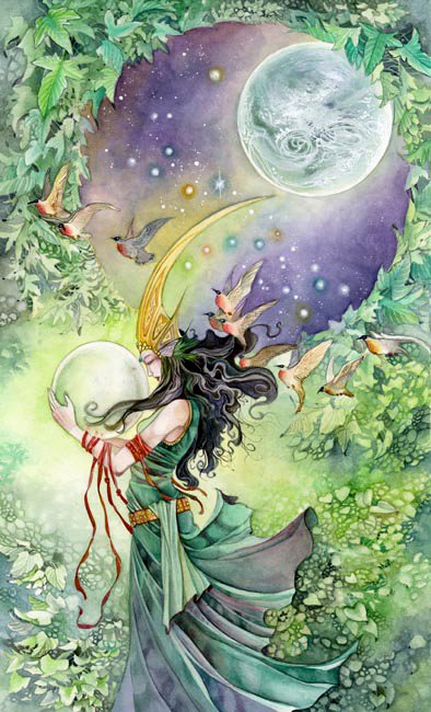 A whimsical watercolor artwork features a mystical figure holding a crystal ball, surrounded by birds and a celestial background, embodying themes of tarot and divination.