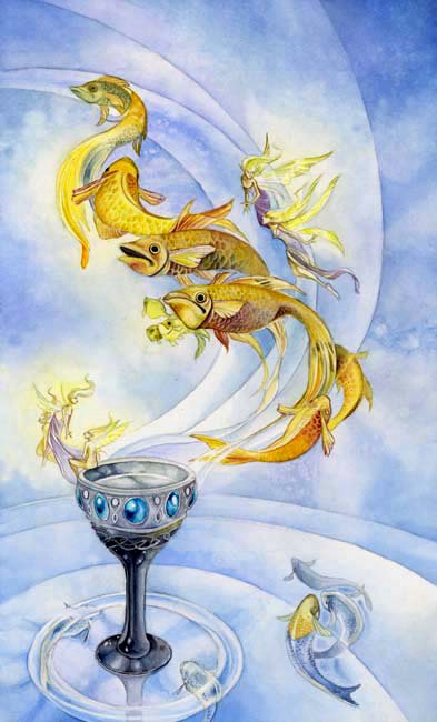 A watercolor illustration features vibrant fish and ethereal figures swirling around a decorated cup, capturing the mystical essence of tarot art.