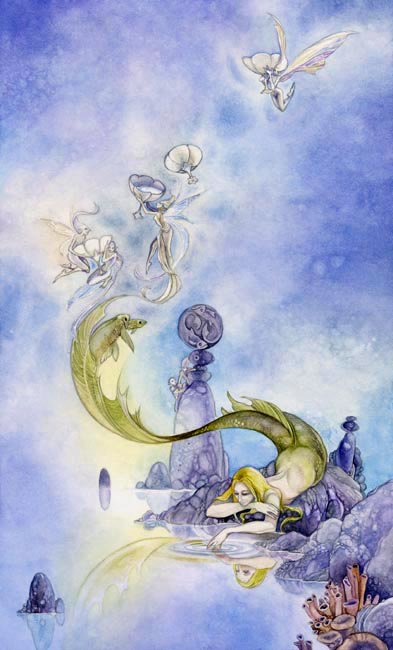 A serene watercolor scene features a mermaid resting on rocky terrain, surrounded by ethereal fairies and scattered tarot cards, evoking a mystical underwater world.
