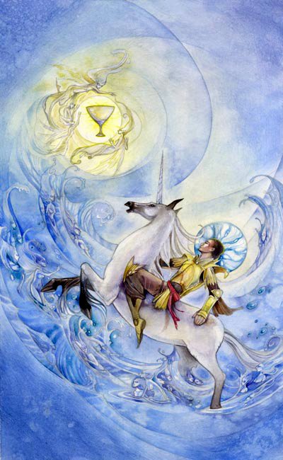 A whimsical watercolor illustration of a person riding a unicorn, surrounded by flowing water and ethereal elements, featuring tarot cards and a radiant chalice.
