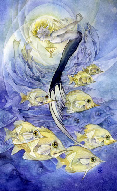 A whimsical watercolor illustration features a merman swimming amidst vibrant fish, evoking themes of tarot and aquatic mystique. The serene scene is infused with flowing lines and soft colors.