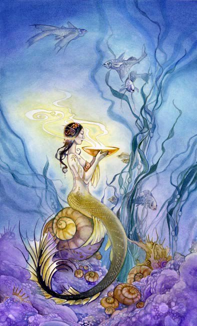 A watercolor artwork features a mermaid surrounded by underwater plants and fish, holding tarot cards, evoking a mystical atmosphere.