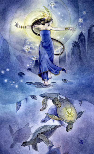 A barefoot figure in a flowing blue dress stands in water, surrounded by turtles and a luminous backdrop, while tarot cards float above in this artistic watercolor scene.