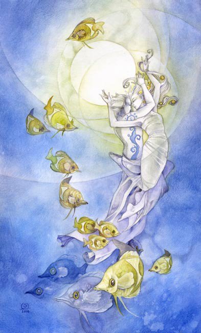 A watercolor painting featuring a graceful figure surrounded by colorful fish, embodying the mystical essence of tarot through artistic fluidity and vibrant hues.