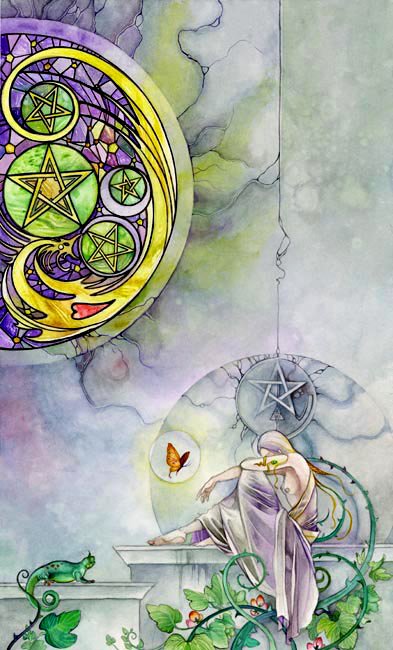 An artistic watercolor depicting tarot cards, featuring a serene figure among lush vines and a butterfly, surrounded by intricate celestial designs.