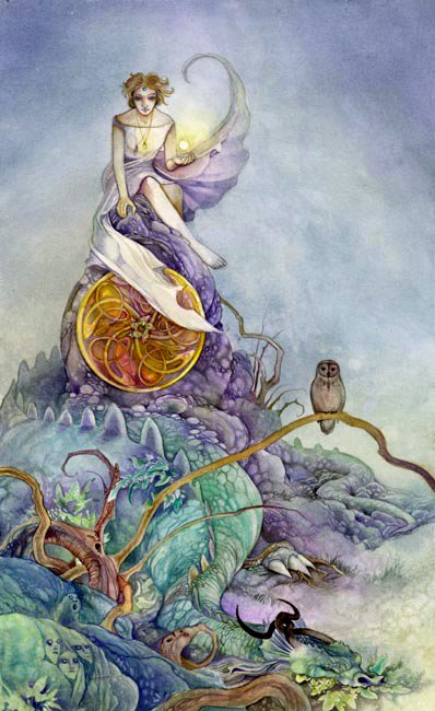 A mystical scene featuring an owl and a figure atop a vibrant, colorful landscape, surrounded by plants and tarot cards, all illustrated in soft watercolor tones.