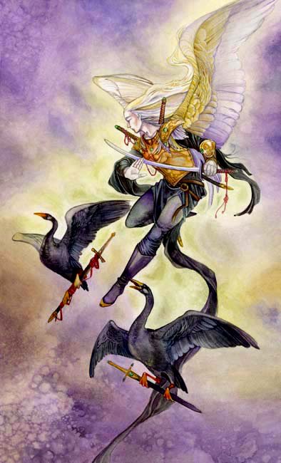 A dynamic watercolor illustration featuring a warrior angel wielding swords, accompanied by two birds, set against a mystical purple background, embodying themes of tarot and art.