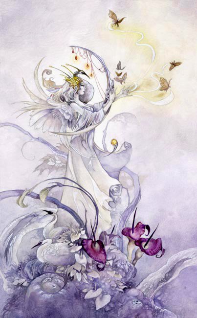 A whimsical watercolor illustration of a figure surrounded by tarot cards, adorned with delicate butterflies and flowers, evoking a sense of magic and introspection.