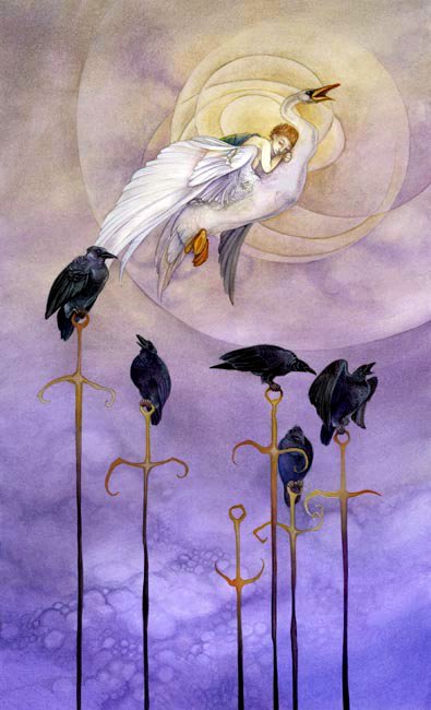 A watercolor depiction of tarot cards, featuring a graceful figure riding a swan while surrounded by crows perched on sword-like staffs against a mystical backdrop.