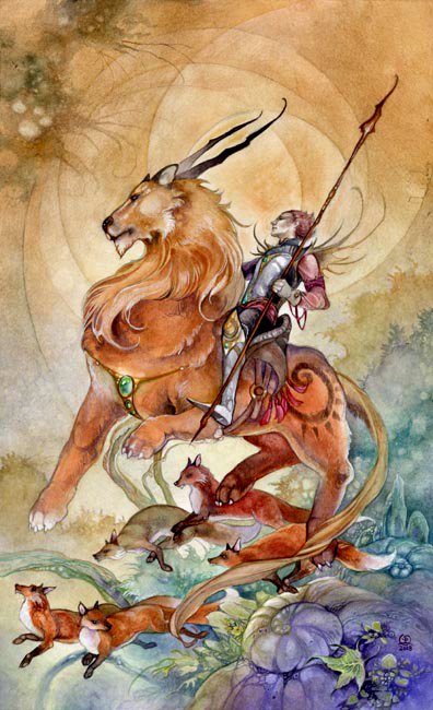 A watercolor artwork featuring a majestic figure riding a lion, surrounded by playful foxes, with tarot card motifs woven into the design.
