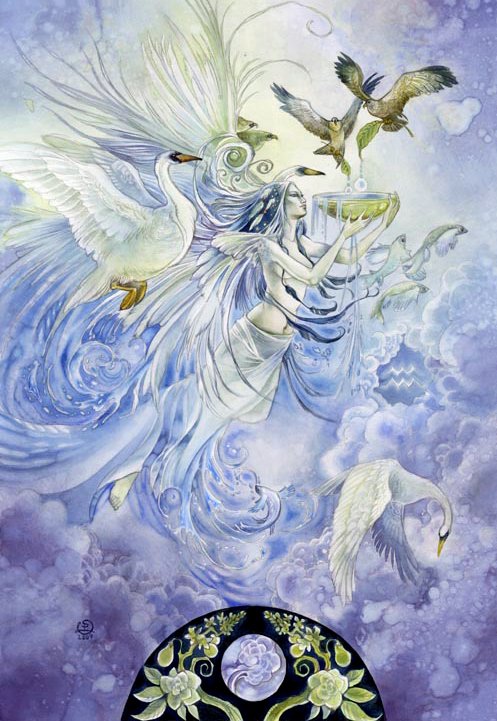 A celestial figure adorned with birds and flowing water, depicted in soft watercolor hues, embodies zodiac themes amidst a backdrop of swirling clouds and intricate floral patterns.