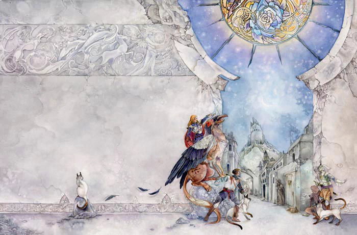 A whimsical watercolor scene featuring a fantastical creature and two figures exploring a whimsical, ethereal cityscape under a radiant stained glass window.