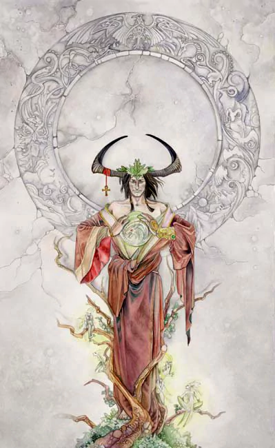 A mystical figure adorned with horns and greenery stands confidently, surrounded by detailed tarot card motifs, capturing the essence of artistic watercolor illustration.