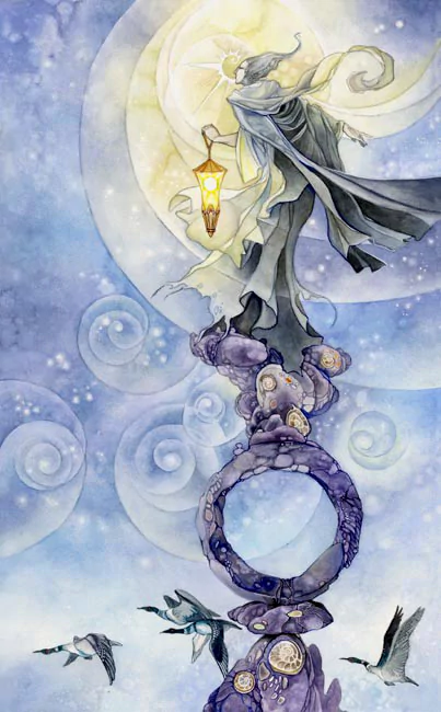 A watercolor illustration of a figure carrying a lantern, surrounded by swirling patterns and birds, capturing the mystical essence of tarot cards in an artistic style.