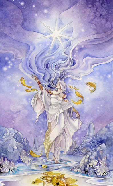 A mystical figure in flowing white attire stands amidst water and blooming flowers, surrounded by watercolor tarot cards and golden fish, with a radiant star above.