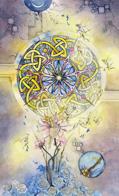 A colorful watercolor illustration featuring a Celtic knot design surrounded by tarot cards, with delicate flowers and ethereal figures creating a mystical atmosphere.