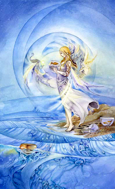 A watercolor illustration of a serene figure in a flowing dress, holding tarot cards amidst swirling blue waves, embodying a mystical and artistic tarot theme.