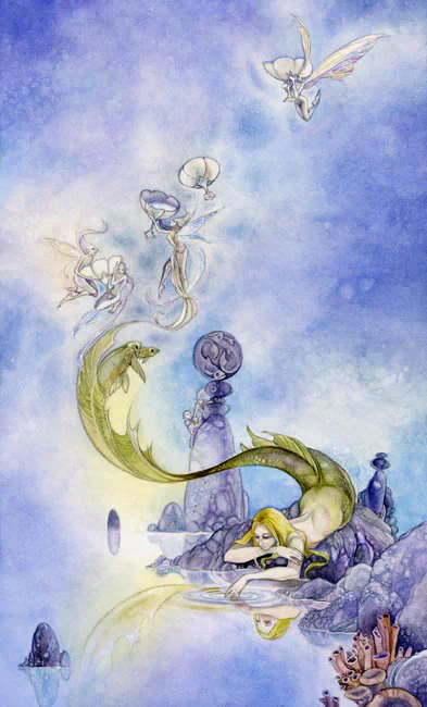 A serene watercolor scene features a mermaid resting on rocky terrain, surrounded by ethereal fairies and scattered tarot cards, evoking a mystical underwater world.