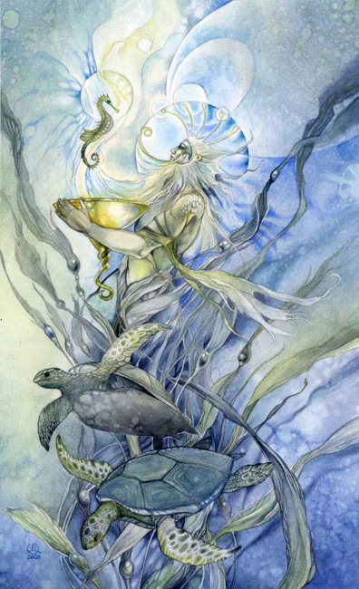 A whimsical watercolor illustration features a sea turtle, a seahorse, and tarot cards, blending elements of the ocean and mystical themes in an artistic design.